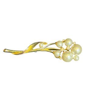 Vintage Gold-Tone Brooch With Faux Pearl & Rhinestone Floral Design